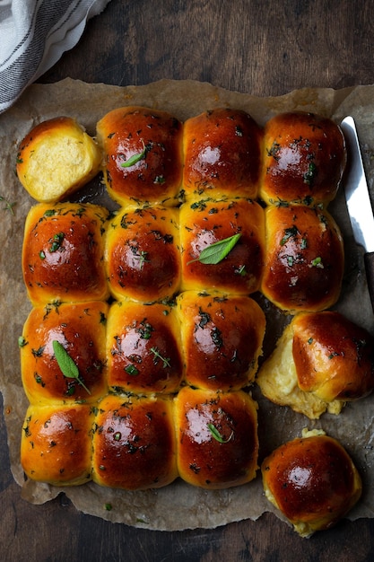 Pampushka buns stuffed with mashed potatoes and cheese