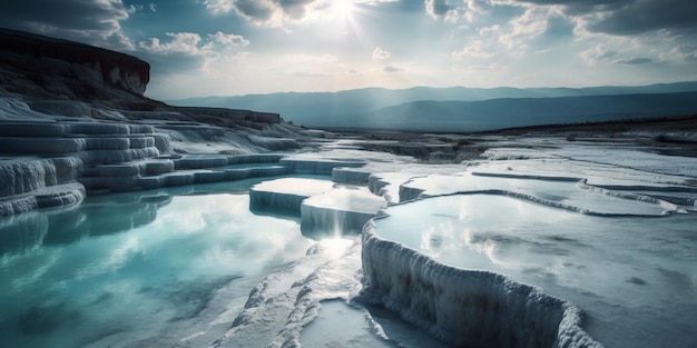 Pamukkale mineral hotsprings of natural travertine white and glistening rain drops create ripples on the placid pools of beatiful aqua nature photography cinematic ethereal lighting