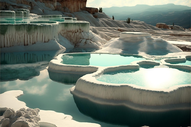 Pamukkale mineral hotsprings of natural travertine white and glistening rain drops create ripples on the placid pools of beatiful aqua nature