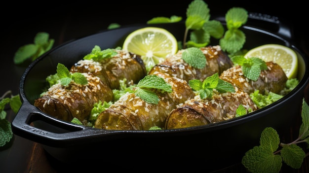 a pan of appetizers with lemon wedges and a lemon wedge