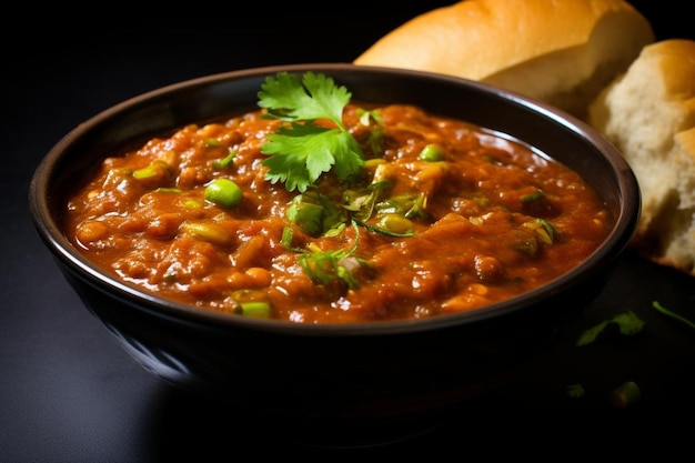 a pan of beans with a bread in the background