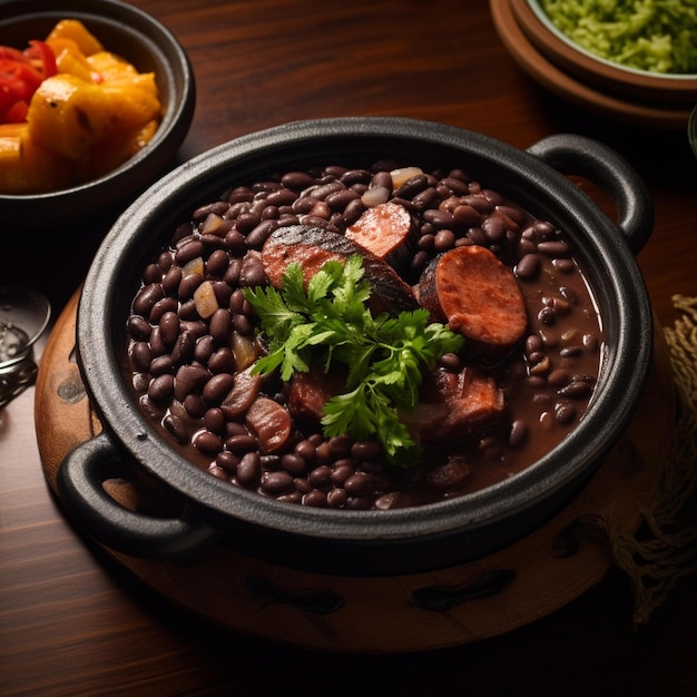 A pan of beans with a variety of vegetables on it.