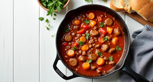 Photo a pan of beef stew with a pot of parsley