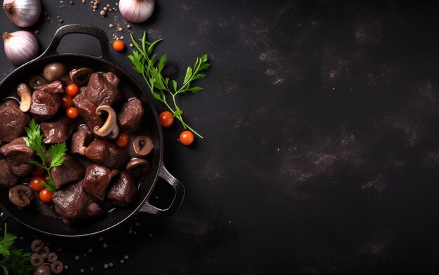 A pan of beef stew with vegetables on a black background