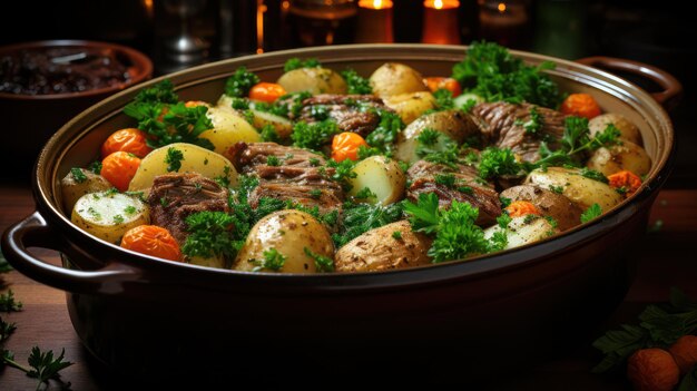 a pan of beef stew with vegetables and meat.