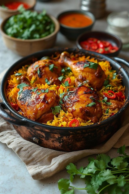 Photo a pan of chicken and rice on a table