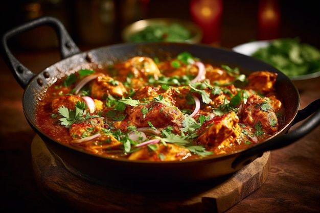 A pan of chicken tikka masala with onions and cilantro on the side