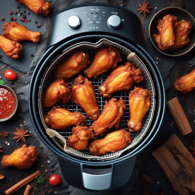 Photo a pan of chicken wings is cooking on a table