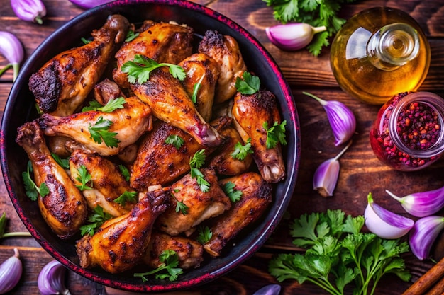 Photo a pan of chicken wings sits next to a pan of garlic garlic