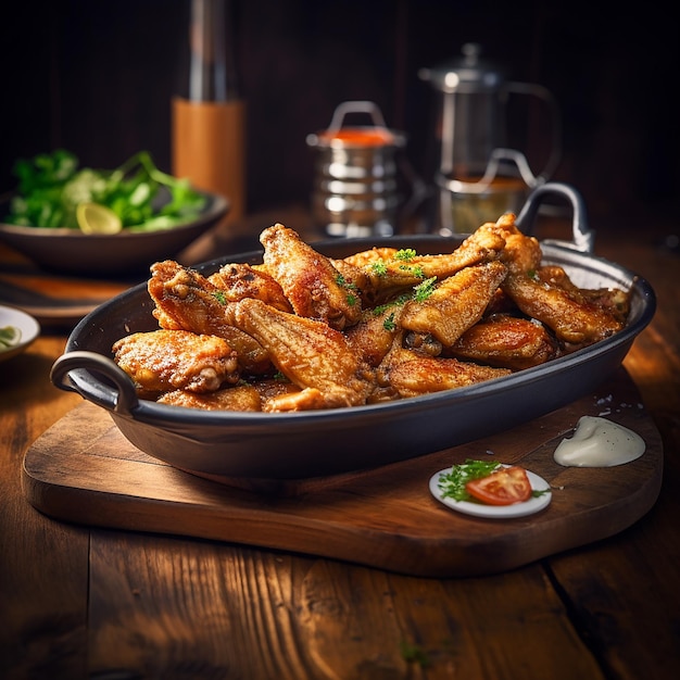 a pan of chicken wings sits on a wooden board with a bowl of sauce