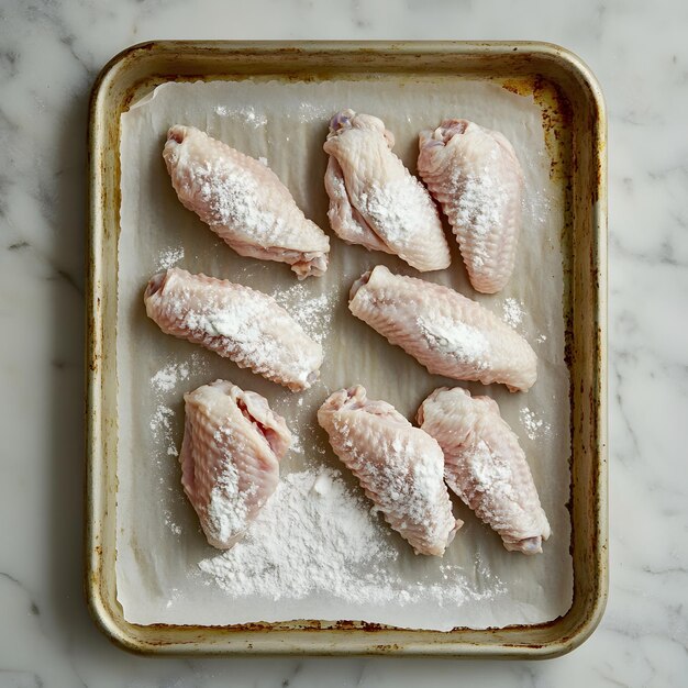 Photo a pan of chicken wings and some powdered sugar