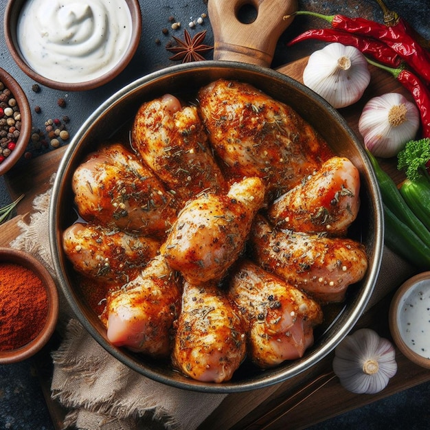 a pan of chicken with spices and herbs on it