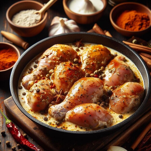 a pan of chicken with spices and herbs on it