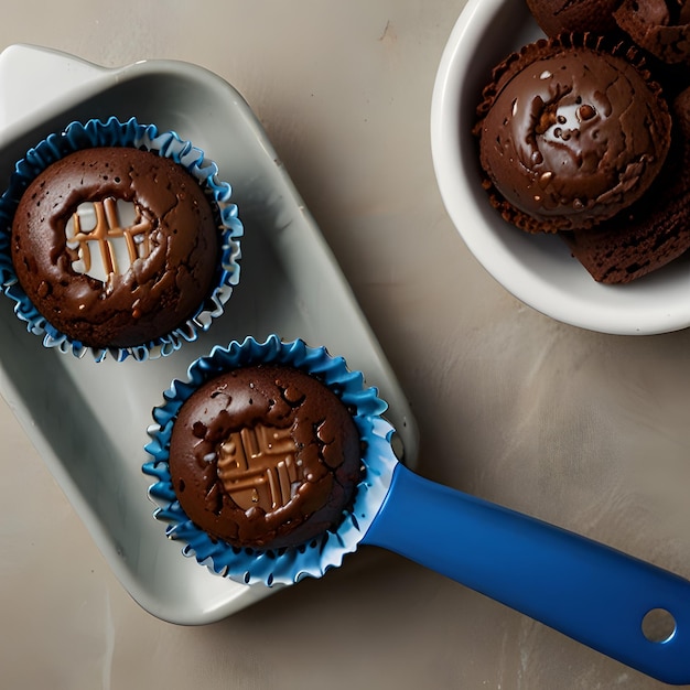 Photo a pan of chocolate muffins with a blue handle and a white bowl with the letter h on it