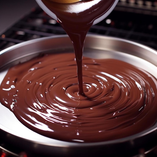 a pan of chocolate sauce being poured into a pan.