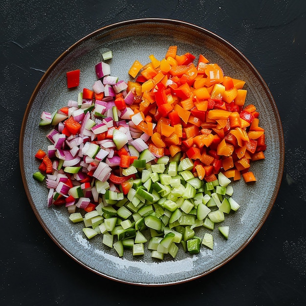 a pan of chopped vegetables with a silver plate of chopped celery and red peppers