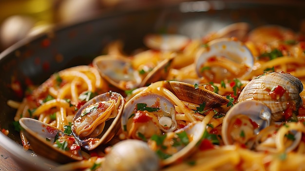 a pan of clams with a pot of shrimp on it