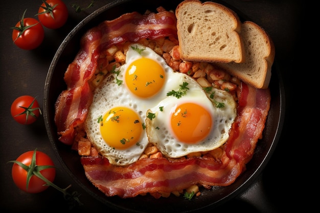 Photo a pan of eggs bacon and tomatoes are cooking in a pan