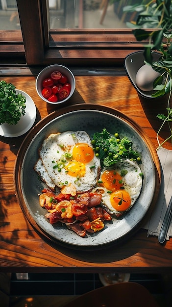 a pan of eggs eggs and bacon are on a table