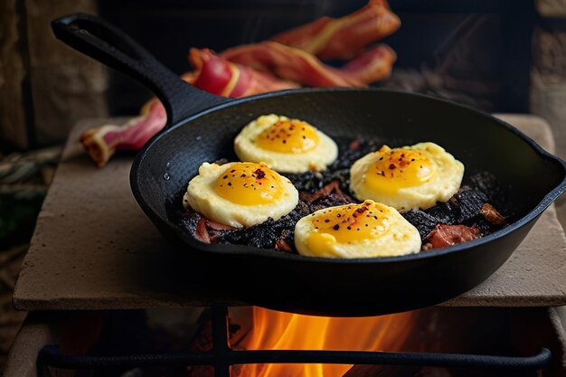 Photo a pan of eggs with bacon and eggs on a wooden table