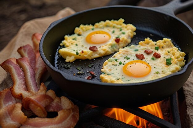 Photo a pan of eggs with bacon and eggs on a wooden table