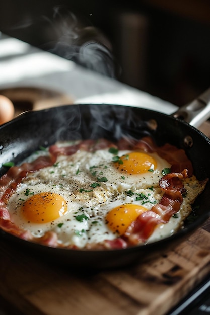 a pan of eggs with eggs and bacon cooking in it