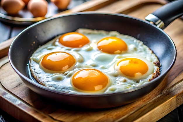 Photo a pan of eggs with eggs in it is cooking on a wooden board