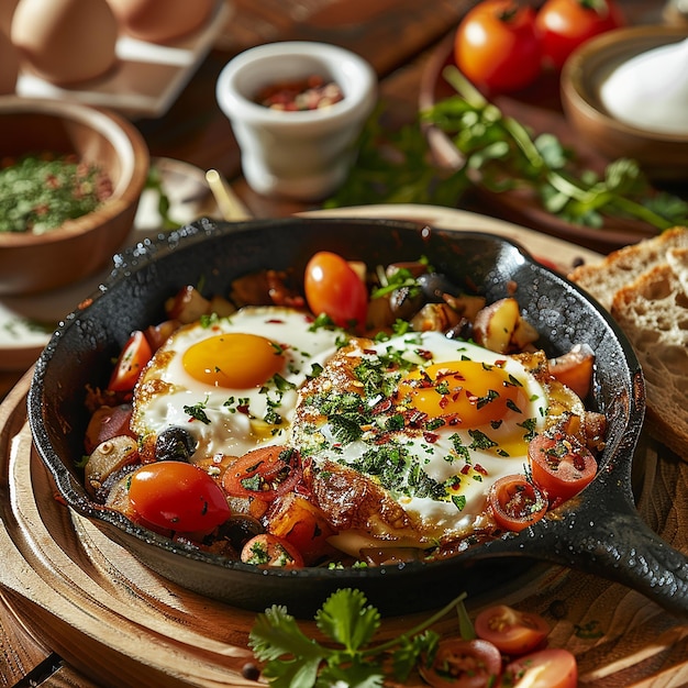 Photo a pan of eggs with tomatoes and herbs on it