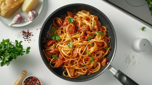 pan filled with pasta topped with meat presented against a highquality photorealistic backdrop of a white kitchen offering ample empty space for text overlay