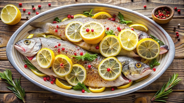 Photo a pan of fish with lemons and a fish on it