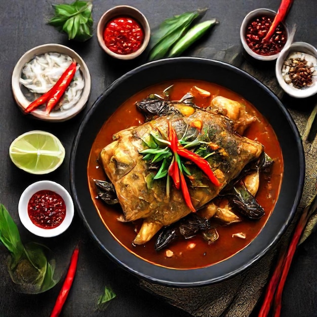 a pan of fish with vegetables and rice and sauce