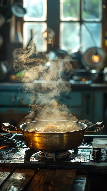 a pan of food is cooking on a stove with steam coming out of it