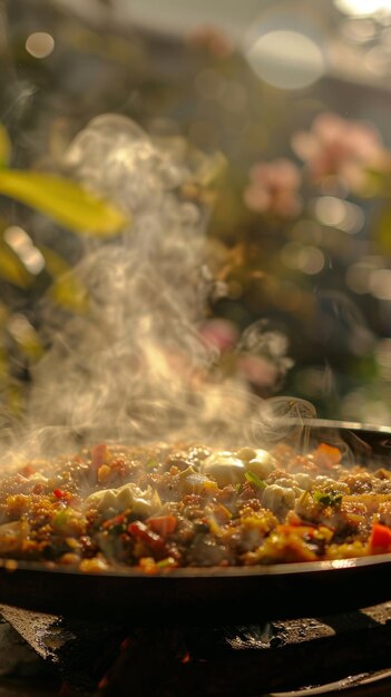 A pan of food is cooking on a stove with steam rising from it