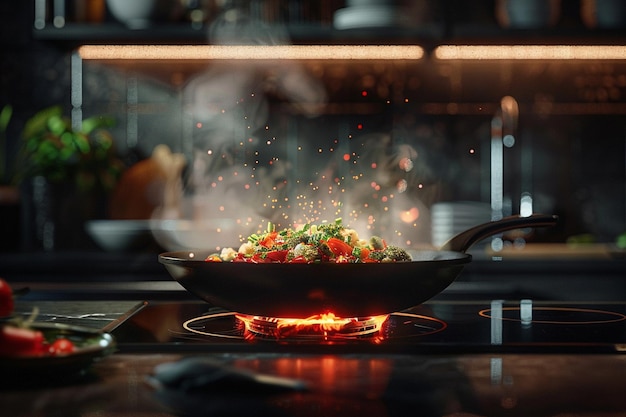 a pan of food is on a stove with a pot of food