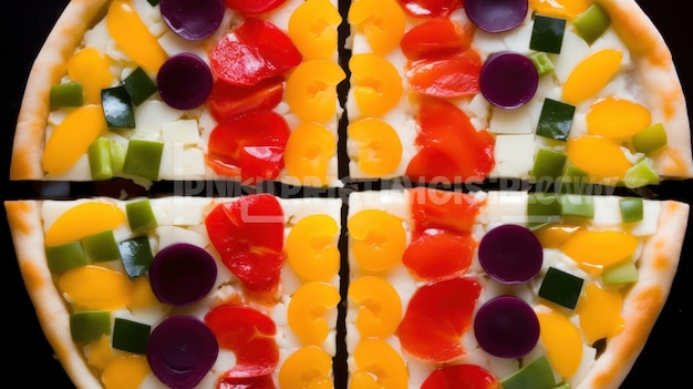 A pan of food that has the colors of the rainbow on it.