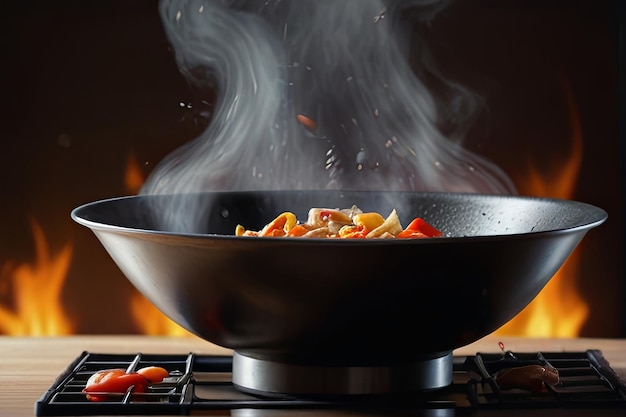 a pan of food that is on a stove with a fire behind it