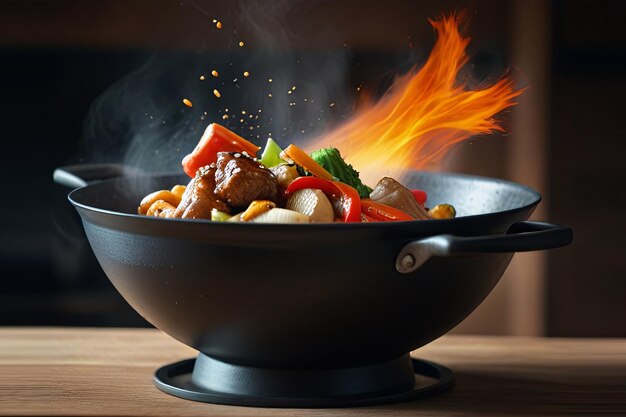 a pan of food that is on a stove with a fire behind it