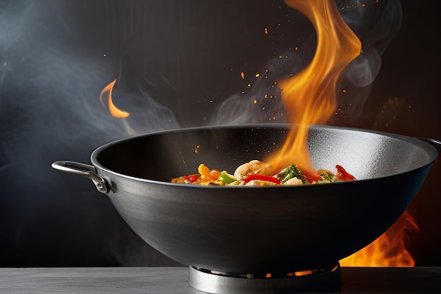 a pan of food that is on a stove with a fire behind it