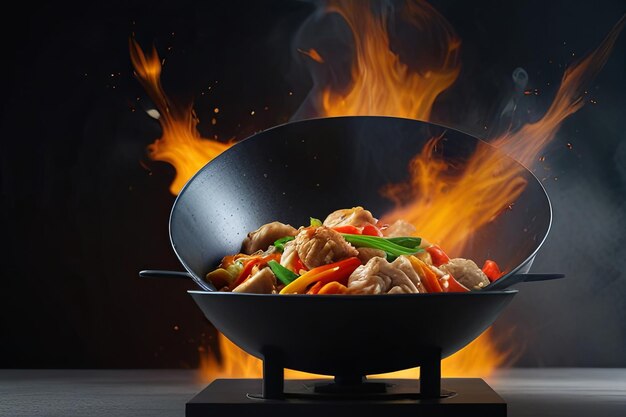 a pan of food that is on a stove with a fire behind it