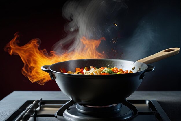 a pan of food that is on a stove with a fire behind it