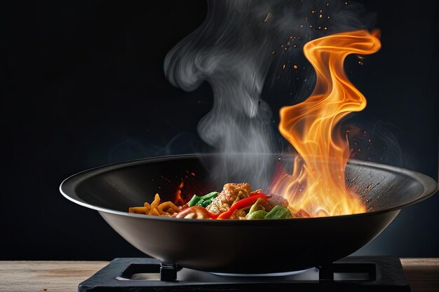 a pan of food that is on a stove with a fire behind it