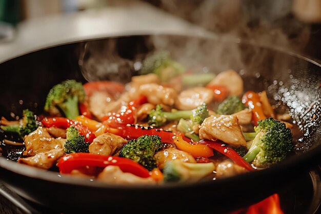 Photo a pan of food with chicken broccoli and other vegetables