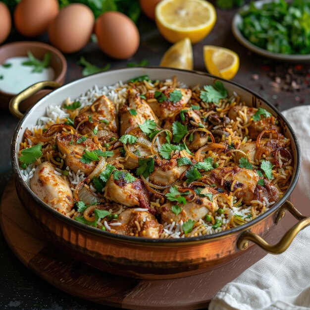 Photo a pan of food with chicken and eggs on it