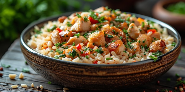 a pan of food with chicken and rice