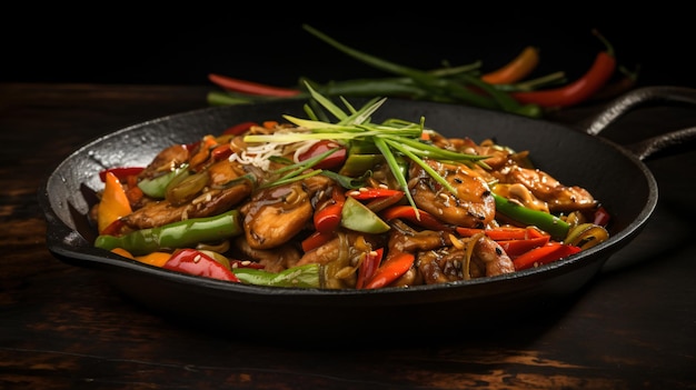 Photo a pan of food with chicken vegetables and mushrooms