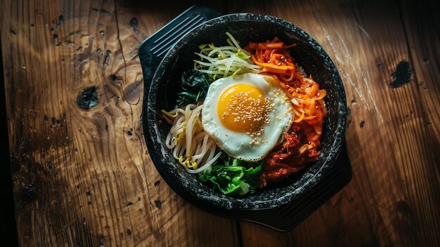 Photo a pan of food with an egg and vegetables on it