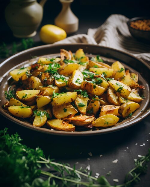 Photo a pan of food with garlic and herbs on it