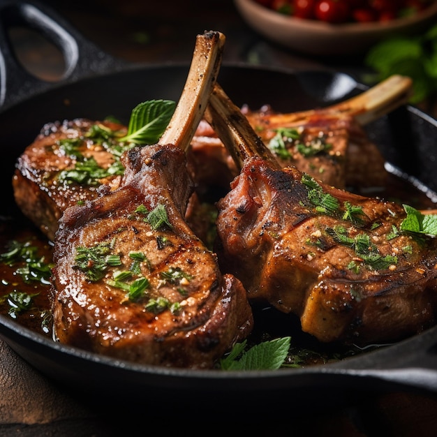 a pan of food with meat and herbs on it