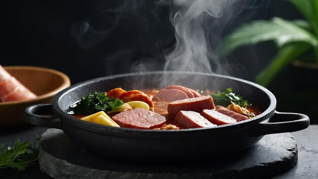 Photo a pan of food with meat and vegetables cooking on it