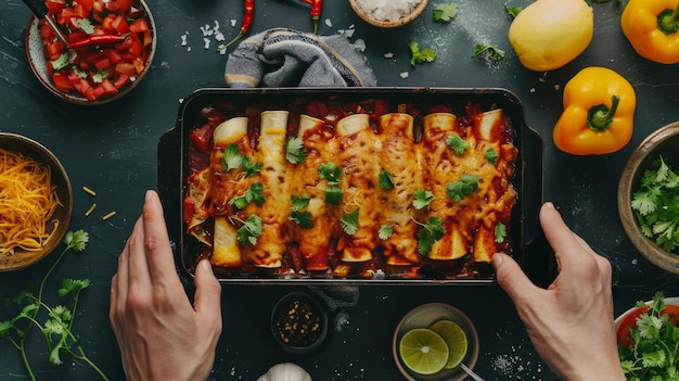 Photo a pan of food with a person holding their hands over a tray of food with food and lemons on it